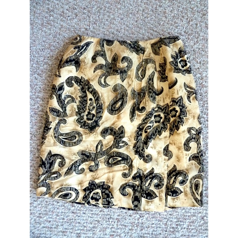 CHAUS Sz 10 Faux Wrap Skirt A-Line Knee Length Lined Paisley Beige Black Office